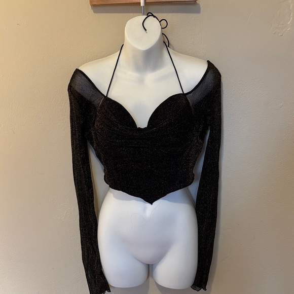 Revamped Tops - Revamped Black Shimmer Long Sleeve Crop Top